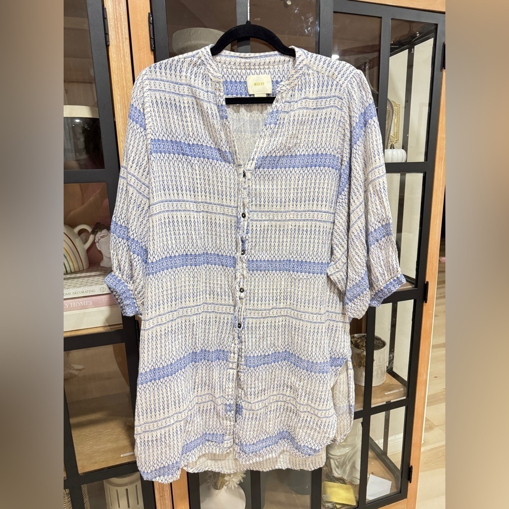 Anthropologie Maeve Yarn Dyed Lena Tunic Top 3/4 long balloon Sleeves Oversized